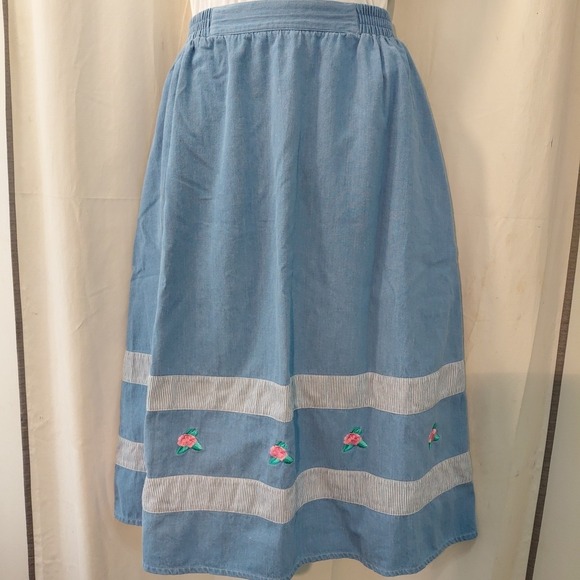 Napa Valley Dresses & Skirts - Vintage 90's Embroidered Striped Trim Demin Cottagecore Midi Skirt Cotton 16